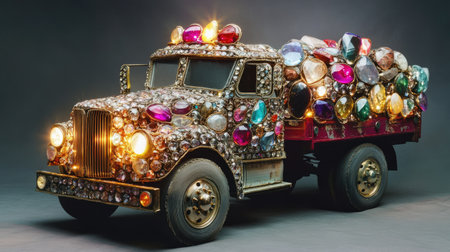 A vintage truck adorned with a variety of colorful gems and jewels, creating a stunning artistic display. The sparkling embellishments enhance its charm and creativity.の素材