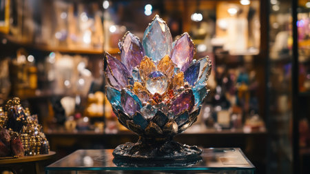 A stunning crystal lotus displayed in a cozy store filled with warm lighting, showcasing intricate details and vibrant colors, perfect for home dの素材