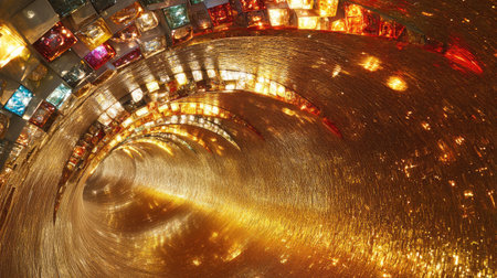 This captivating image features a spiraling tunnel filled with colorful lights reflecting beautifully against a golden background, creating a stunning and immersive visual effect.の素材