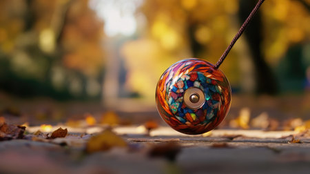 A colorful yo-yo rests on a picturesque pathway, surrounded by vibrant autumn leaves in a serene park. The image captures the essence of leisure, playfulness, and nostalgia.の素材