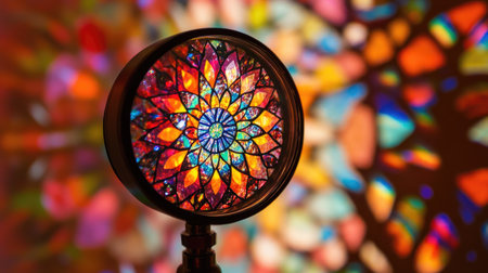 Captivating photograph of a stained glass design featuring an intricate flower shape. The vibrant colors create mesmerizing light patterns, enhancing any space.の素材
