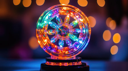 This vibrant LED light display features a circular pattern that creates a festive atmosphere, perfect for celebrations and joyful gatherings.の素材