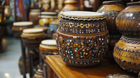 This image showcases a beautifully handcrafted drum adorned with colorful beads and intricate patterns, perfect for any music or culture-related project.の素材