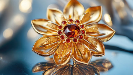 This stunning gold flower brooch features an intricate design adorned with a vibrant amber gemstone and red accents, perfect for adding elegance to any outfit.の素材