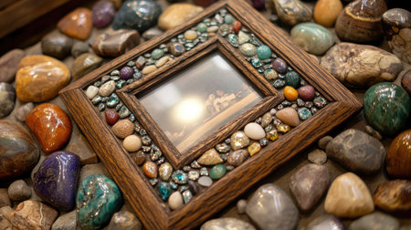 A beautifully crafted picture frame adorned with an array of colorful natural stones, set on a rustic wooden surface. This image captures the essence of nature's beauty.の素材