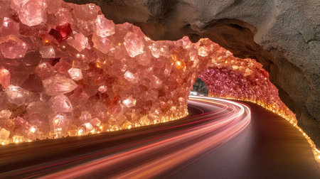 This mesmerizing image features a vibrant crystal cave tunnel illuminated with glowing pink formations, creating a breathtaking scenic road, perfect for travel inspiration and nature exploration.の素材