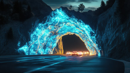 A stunning night scene featuring an ethereal light tunnel that glows in vibrant blue hues, as cars traverse a winding mountain road under a surreal sky.の素材