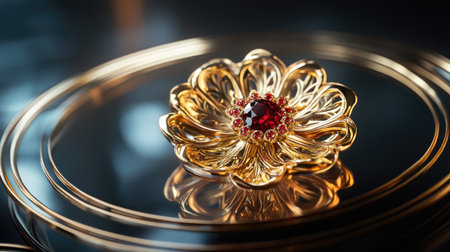 This stunning image features an elegant gold flower brooch adorned with a vibrant red gemstone, resting on a glossy reflective surface, showcasing exquisite craftsmanship.の素材
