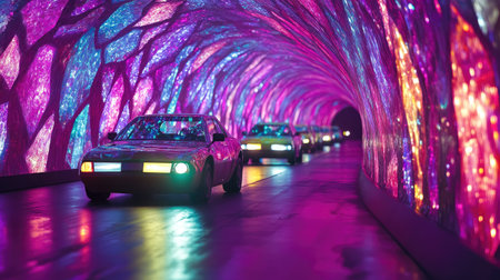 A captivating image of a futuristic tunnel filled with colorful lights and textures, featuring cars driving through a vibrant, illuminated environment.の素材
