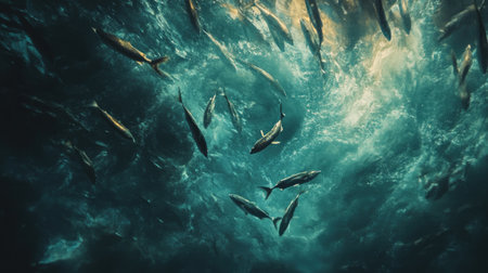 A captivating underwater scene featuring schools of fish gracefully swimming in clear ocean water. Light filters through the surface, creating a mesmerizing effect in this tranquil marine environment.の素材