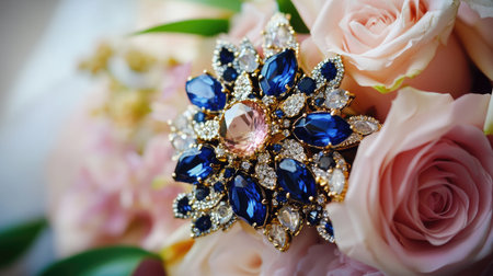 This stunning image showcases a beautiful floral arrangement featuring soft pink roses and an ornate brooch with colorful gemstones, encapsulating elegance and luxury.の素材