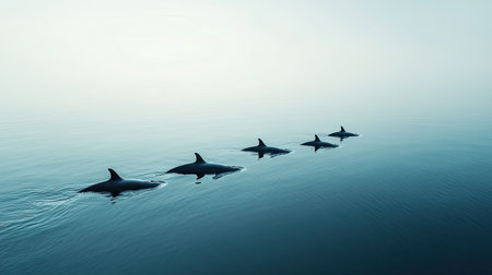 Experience the peaceful beauty of dolphins swimming in calm ocean waters under soft morning light, capturing a serene moment in nature's embrace.の素材