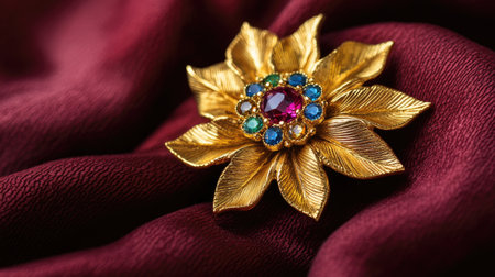 This exquisite floral brooch features a stunning arrangement of colorful gemstones set in gold. The vintage piece rests elegantly on rich burgundy fabric, highlighting its luxurious appeal.の素材