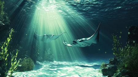 Experience the beauty of manta rays gliding gracefully through sunlit waters, surrounded by vibrant marine life and shimmering ocean currents.の素材