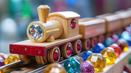 A vibrant wooden train toy captures the imagination, surrounded by colorful, sparkling gems. Perfect for encouraging creativity and play in children.の素材