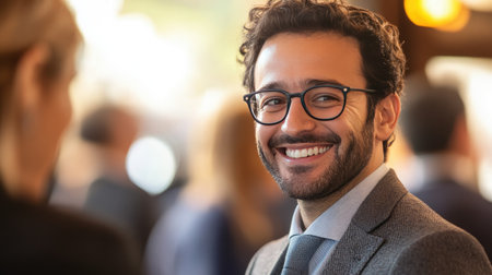 A cheerful businessman with glasses smiles warmly during a professional networking event, radiating confidence and engagement in a lively atmosphere.の素材