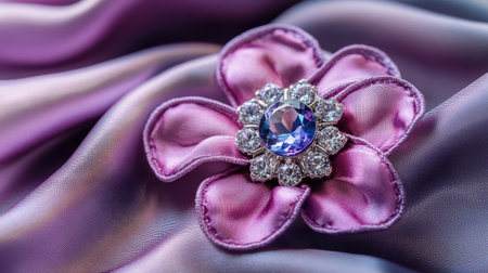 This stunning closeup features an elegant floral brooch adorned with a sparkling gemstone set against a luxurious satin fabric backdrop in soft purple tones.の素材