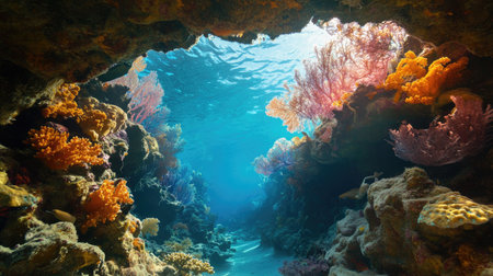 Discover an enchanting underwater world featuring a vibrant coral reef illuminated by sunlight. The serene blue water and diverse marine life create a stunning aquatic paradise.の素材