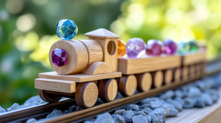 A charming wooden toy train adorned with colorful gems travels along a scenic track, capturing the essence of childhood joy and imagination in a natural setting.の素材