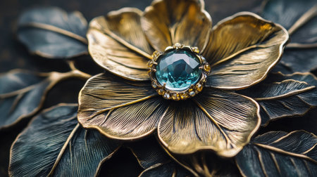 This stunning vintage floral brooch showcases a brilliant blue gemstone nestled among intricately designed metal leaves, reflecting exquisite craftsmanship.の素材