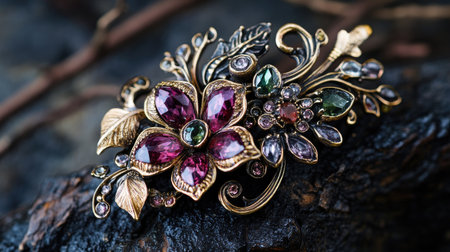 A beautifully crafted floral brooch featuring sparkling gemstones in rich colors, set against a dark natural background, showcasing elegance and style.の素材