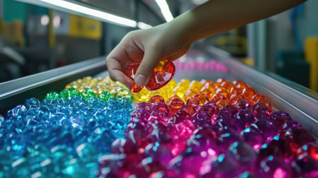A close-up view of a hand selecting a colorful, transparent object from a vibrant display of bright gems. The arrangement showcases a playful variety of colors, enticing shoppers.の素材