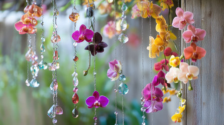A stunning display of colorful orchids intertwined with sparkling crystals, creating an elegant decor piece in a lush garden setting. Perfect for nature lovers.の素材