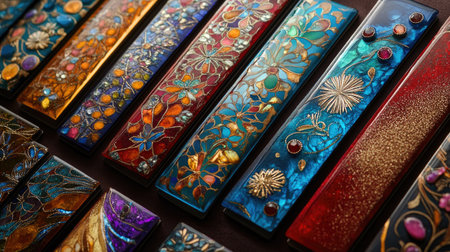 Close-up view of colorful handcrafted resin art pieces featuring intricate floral designs and shimmering details, showcasing exceptional craftsmanship.の素材