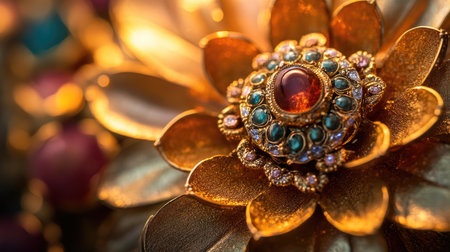 This exquisite close-up features a golden flower accessory adorned with a vibrant gemstone centerpiece, showcasing exceptional design and artistry.の素材