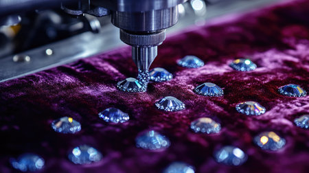 A close-up view of a machine applying sparkling rhinestones onto a luxurious fabric, showcasing advanced technology and meticulous craftsmanship in textile production.の素材