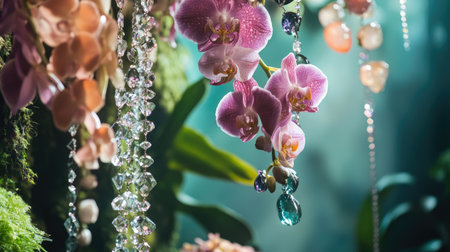 A breathtaking close-up featuring pink orchids gracefully adorned with sparkling crystals, evoking a serene tropical ambiance perfect for nature lovers.の素材