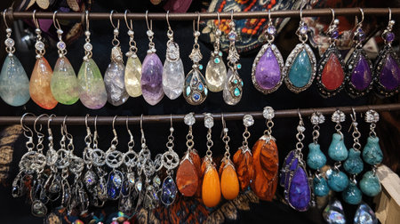 A stunning assortment of colorful earrings displayed elegantly on a jewelry stand, showcasing unique designs and vibrant stones. Perfect for fashion lovers.の素材
