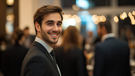 A confident young man dressed in formal attire smiles warmly at a sophisticated gathering, capturing the essence of joy and professionalism amidst a lively backdrop.の素材