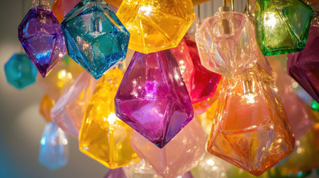 This image showcases a stunning arrangement of colorful pendant lights, featuring unique geometric designs that add a vibrant touch to any indoor space.の素材