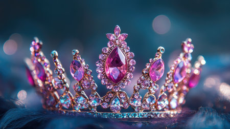 A beautifully designed crown featuring pink gemstones, set against a dreamy bokeh background, showcasing elegance and luxury in jewelry art.の素材