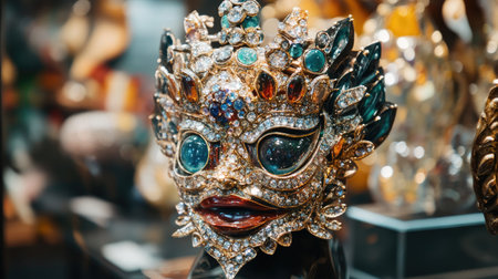 This striking decorative mask features intricate designs and vibrant gemstone embellishments, showcasing exquisite craftsmanship and cultural heritage in an artistic display.の素材