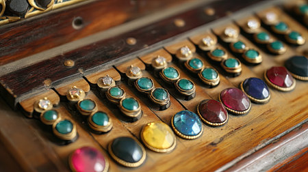 This image captures an exquisite antique jewelry collection showcasing vibrant gemstones on a beautifully crafted wooden display, highlighting intricate details.の素材