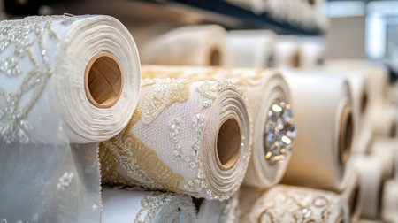 A close-up view of fabric rolls showcasing intricate embroidery and embellishments, ideal for crafting, sewing, or fashion projects in a retail environment.の素材