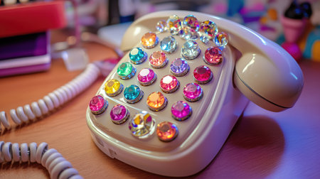 This vintage retro telephone is adorned with colorful gemstones, creating a playful and stylish decor piece perfect for home or office settings.の素材