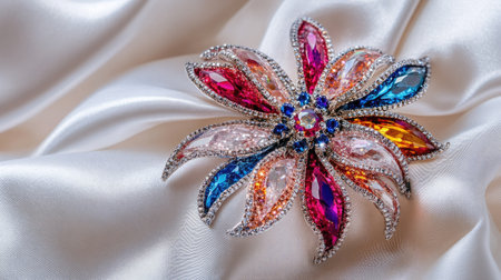 This stunning floral brooch features an intricate arrangement of colorful gemstones set against luxurious satin fabric, embodying elegance and artistry.の素材