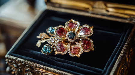Discover a stunning golden vintage brooch featuring intricate floral designs adorned with vibrant red and blue gemstones nestled in an ornate jewelry box.の素材