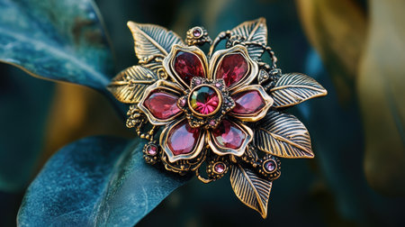 A stunning vintage brooch featuring red gemstones and intricate leaf designs, perfectly set against lush green foliage, showcasing timeless elegance.の素材