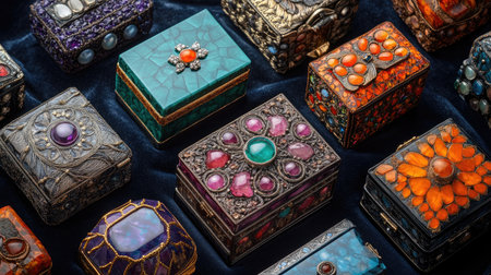 A captivating display of vintage decorative boxes featuring exquisite designs and vibrant gemstone inlays, perfect for collectors and decorative enthusiasts.の素材