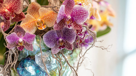 This stunning close-up features vibrant orchid flowers in a decorative vase, showcasing their unique colors and textures. Perfect for a nature-themed design.の素材