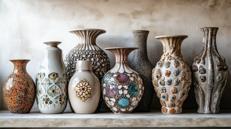 A captivating display of assorted decorative vases showcasing unique designs and vibrant colors, set against a textured wall, ideal for home decor inspiration.の素材
