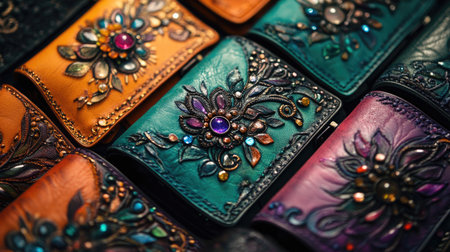 A stunning display of artisan leather wallets featuring intricate designs and colorful embellishments, perfect for fashion accessories and markets.の素材