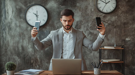 A businessman dressed in a suit stands in a modern office, holding smartphones while working on a laptop, illustrating multitasking in a professional environment.の素材