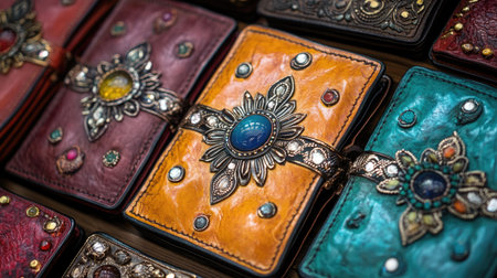 This vibrant image showcases an array of handcrafted leather wallets featuring intricate designs and gemstone embellishments, perfect for unique accessory lovers.の素材