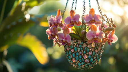 A stunning arrangement of vibrant orchids in a decorative pot, emphasizing beauty and tranquility in a sunlit garden setting. Perfect for floral lovers.の素材