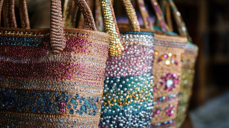 A vibrant display of handcrafted bags featuring intricate beadwork and colorful textile designs. Perfect for showcasing artisan craftsmanship and creativity.の素材